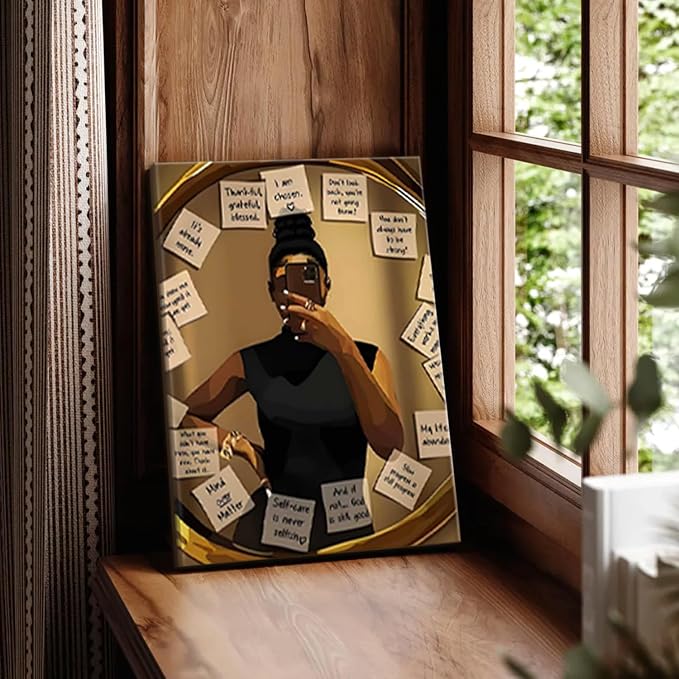 Framed Black Girl Wall Art Set of 3, Fashion Inspirational Black Woman Wall Decor Paintings, African American Positive Affirmations Pictures Canvas Prints for Living Room Bedroom Office 16x24 inch