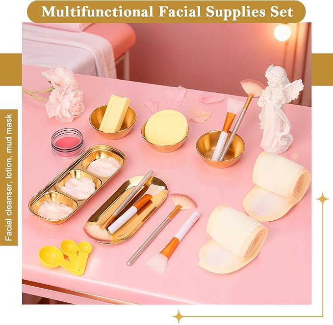 28 Gold Facial Supplies 3 Facial Mask Mixing Bowls 3 Facial Fan Brushes 3 Mask Applicator Brushes 3 Mask Measuring Spoons Skincare Tray 3-Compartment Serving Tray 12 Facial Sponges 2 Spa Headbands