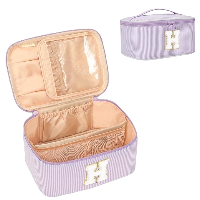 OCHEAL Makeup Bag Valentines Day Gifts for Women, Monogram Cosmetic Bag Purple Travel Makeup Case Beauty Toiletry Bag Organizer Personalized Gifts for Girls Bridesmaid, Sister, Wife, Friends Initial H