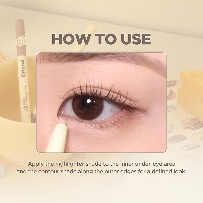 lilybyred Smiley Aegyosal Eyeliner | Korean Aegyosal Highlighter & Contour Pencil, 3-in-1 Multi-Use for Under-Eye, Brows & Lips, 3mm Round & 2mm Flat Tips, Air-Fit Formula, 0.011 oz. (01 Smile Smile)