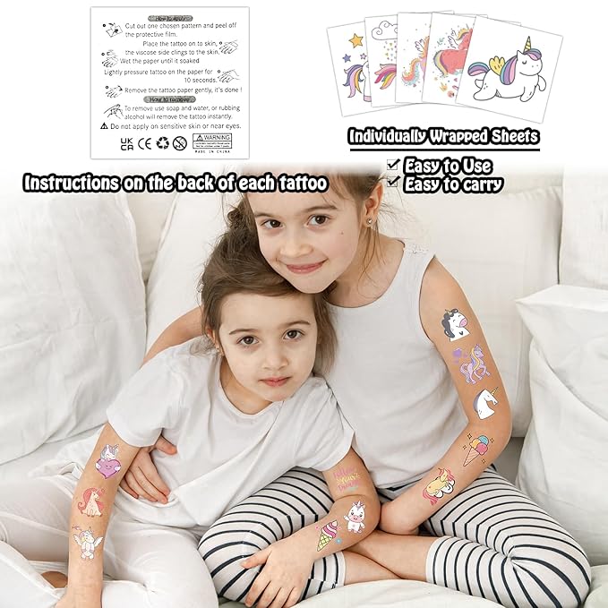 Partywind 408 PCS Kids Tattoos for Party Supplies, Individually Wrapped Sheet Temporary Tattoos Stickers for Kids Goodie Bag Stuffers, Fun Birthday Party Favors - Unicorns