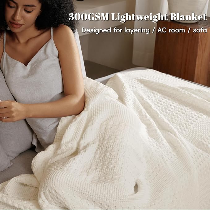 PHF 100% Cotton Waffle Weave Blanket King Size, Lightweight Breathable Summer Blanket for Hot Sleepers, Pre-Washed Soft Layer for Bed, Couch, Home Decor Gift, 108"x90", Ivory