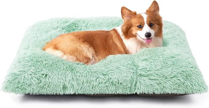 EHEYCIGA Fluffy Dog Crate Bed for Large Dogs, Plush Faux Pad, Apple Green | Calming Anti Anxiety Large Dog Crate Bed, Washable Soft Warm Mat with Non-Slip Bottom