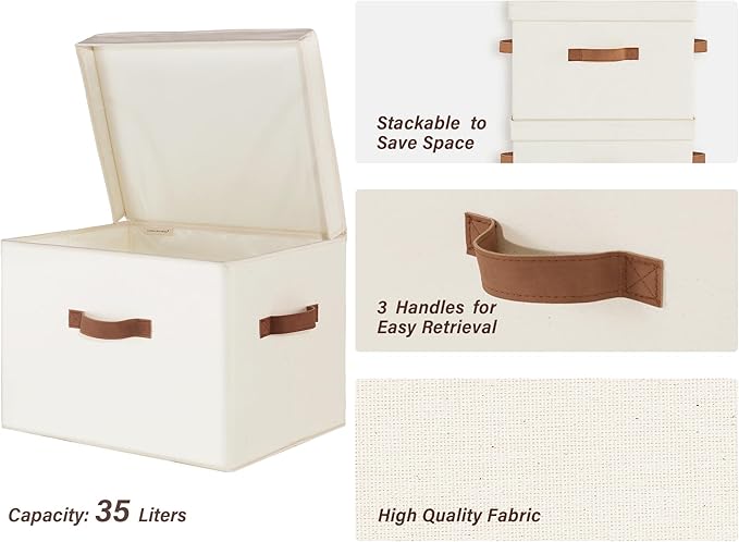 StorageWorks Fabric Storage Bins with Lid, Decorative Storage Boxes for Shelves, Stackable Closet Organizer Basket with Handles, Jumbo, Ivory White, 2-Pack | Flip-Top Lid, 3 Handles, Collapsible, Stackable, for Clothes Blankets, Multi-Purpose, Jumbo, I...