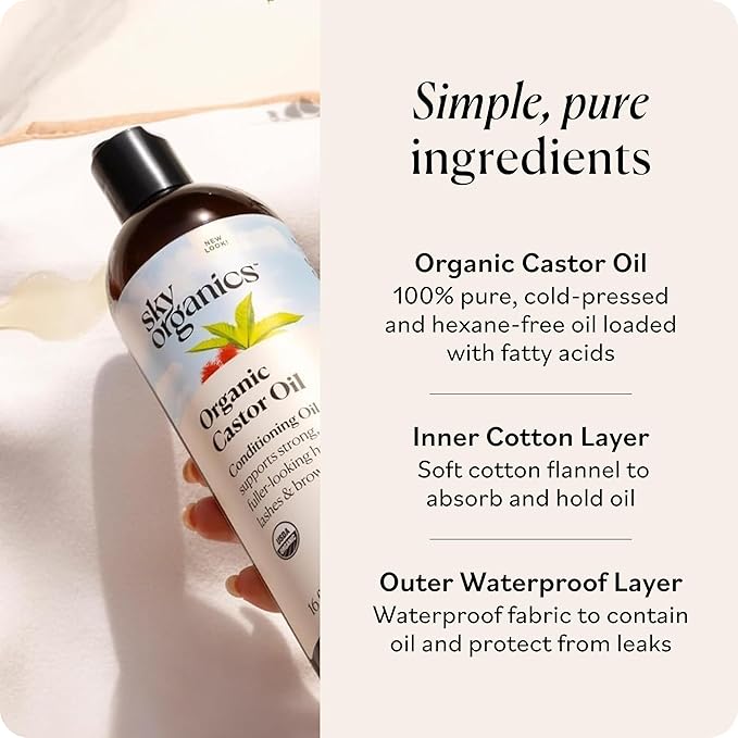 Sky Organics - Organic Castor Oil Pack Wrap Set - 16oz Castor Oil Organic, Adjustable Neck & Body Wraps, Body Wipes - for Liver Detox, Constipation Relief, Skin Care, Muscle Pain - Self Care - Beauty