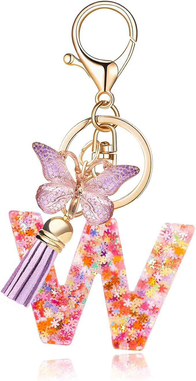 Fashion Alphabet Initial Letter Keychain Tassel Butterfly Pendant Key Ring for Purse Handbags Women Girl