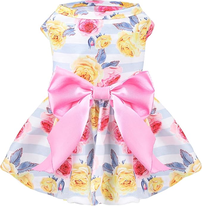 PUPTECK Floral Dog Dress with Bow Soft Cute Dog Clothes for Spring Stripe | Puppy Doggie Cat Pet Clothes Outfit Apparel Costume for Party Holiday Birthday Wedding Photoshoot for Small Medium Large Dogs
