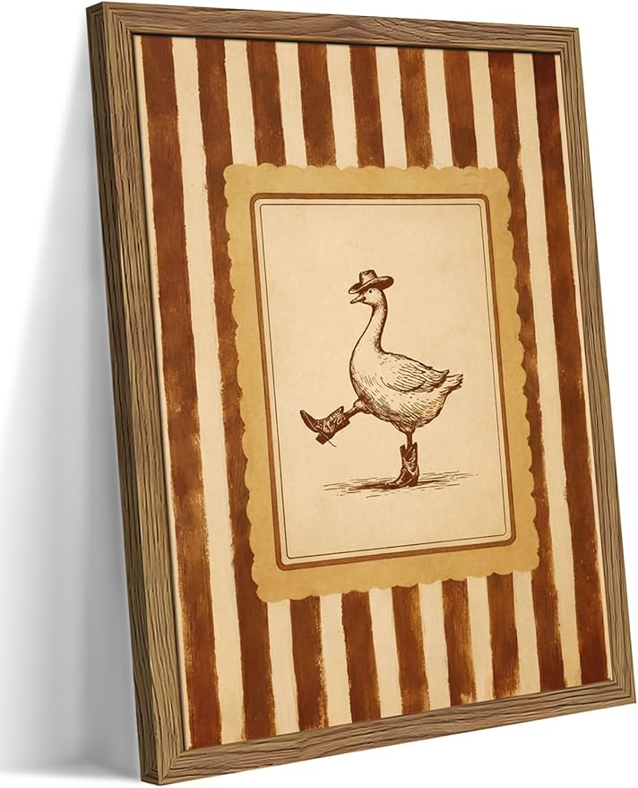 Vintage Cowboy Goose Wall Art, Western Silly Goose Canvas Wall Decor Painting, Funny Dancing Duck Animal Poster Print Picture for Nursery Living Room Bedroom Bathroom 12x16 Inch Framed