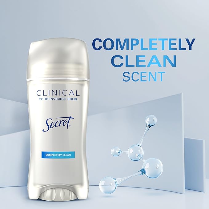 Secret Clinical Strength Antiperspirant Deodorant for Women, 3X Stress Protection, 72hr Sweat & Odor Protection, PH Balancing Minerals, Invisible Solid, Completely Clean Scent, 2.6 oz (Pack of 2)