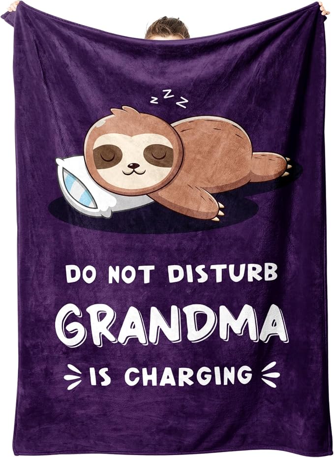 Leebbsin Funny Gifts for Grandma, Grandma Birthday Gift from Grandkids | Grandma is Charging Sloth Blanket 60" x 80", Purple, Grandmas Gift for Christmas Mothers Day, Soft Sloth Blanket for Grandma