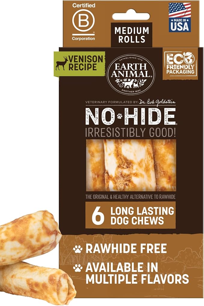 Earth Animal No Hide Dog Chews - Rawhide Free Medium Rolls 6 Count Venison | Medium Venison Flavored Natural Rawhide Free Long Lasting Dog Chews - Treats for Medium Dogs and Aggressive Chewers