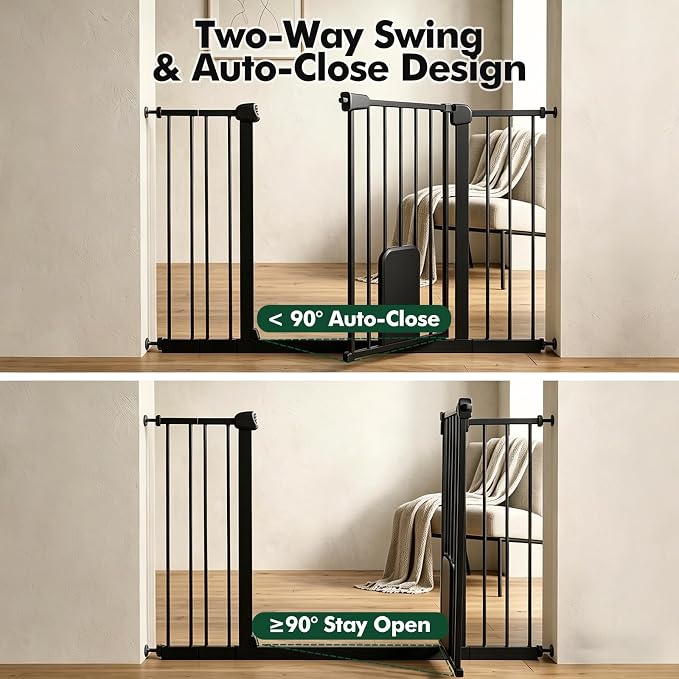 31-46“ Metal Pet Gate with Cat Door, Auto Close, Black | Pressure Mounted,Two-way swing door,Pressure mounted no drill setup,adjustable 31-46in width for indoor doorways & stairs