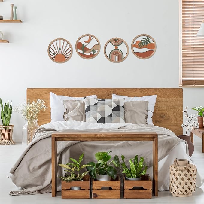 HPNIUB 4 Pcs Boho Wall Art Decor, Bohemian Geometric Hanging Wood Sign for Living Room, Aesthetic Abstract Desert Cactus, Minimalist Farmhouse Botanical Wooden Plaque for Apartment Bedroom(10''x10'')