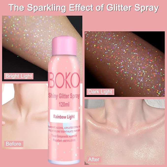 Boko Body Glitter Spray, 120ML Holographic Silver Shiny Glitter Spray for Body Hair Clothes, Quick-Drying and Long-Lasting Body Shiny Glitter Hairspray for Festival Party Concert Rave Accessories