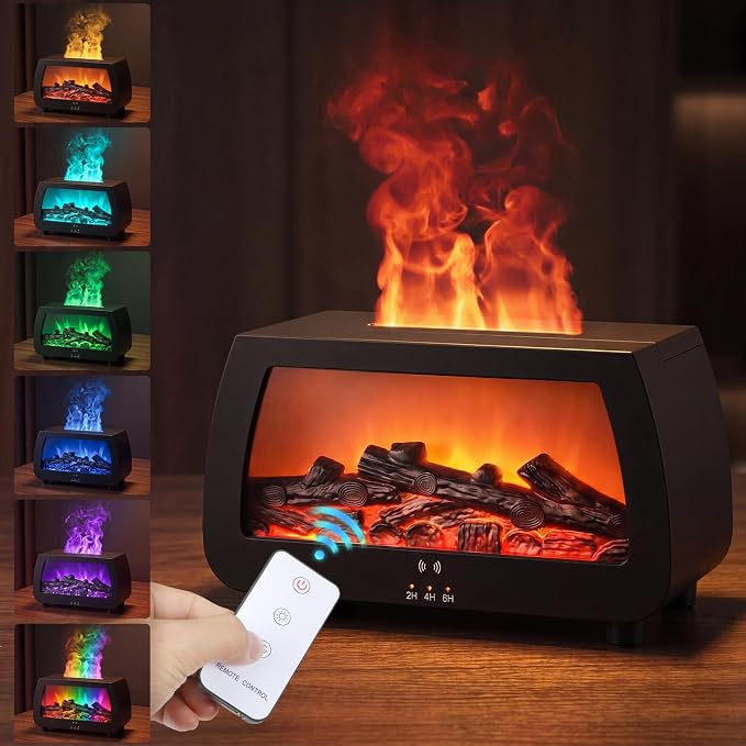 Flame Effect Humidifier, Fireplace Diffuser with Remote & Timer | 200ml quiet humidifier with RGB flame lights & sound pickup. Creates cozy fireplace ambiance for home, bedroom, and office.