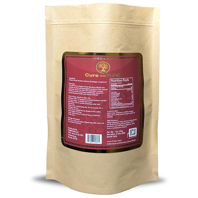 Cure wid Pure Organic Hawthorn Berry Tea 16oz | Non-GMO Caffeine-Free Hawthorne Berry Tea | Resealable Eco-Friendly Bag | Dried Hawthorn Berries For Heart Health,High Blood Pressure Support & Wellness