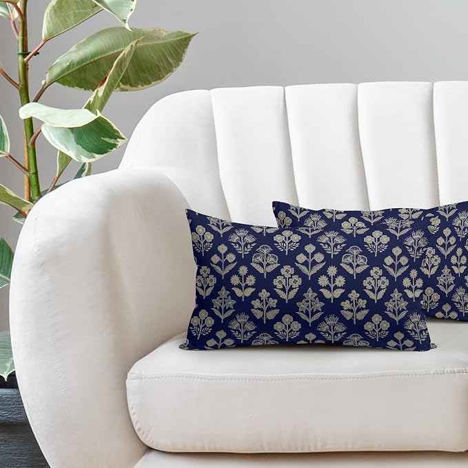 Navy Blue Pillow Covers 12x20 Inch Set of 2, Cream Floral Block Print Pattern Lumbar Decorative Throw Pillowcases Outdoor Farmhouse Rectangle Cushion Covers Spring Summer Sofa Couch Bed Decor