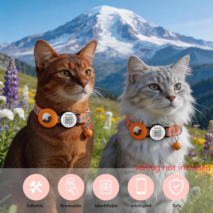 2 Pack Airtag Cat Collar, Breakaway Cat Airtag with Smart ID tag & QR Code Reflective (Reflective Strip & Paw Pattern - Orange, with Integrated AirTag Holder)