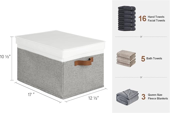 StorageWorks Storage Bins with Lids, Decorative Storage Boxes with Lid and PU Handles, Foldable Storage Baskets for Closet, Shelves, Stackable, Gray and White, Jumbo, 3-Pack | Lidded Dust-proof, Easy Pull Handles, Foldable, Stackable, Ideal for Clothes...