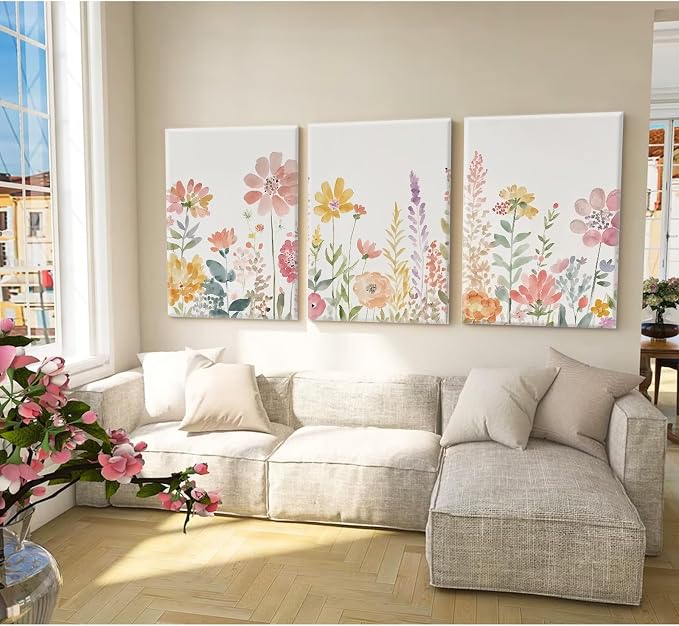 Watercolor Wildflower Wall Art Decor Colorful Flower Pictures Canvas Floral Botanical Wall Art Vintage Prints Poster Floral Painting Artwork for Living Room Bedroom 12x16 Inch Framed Set of 3
