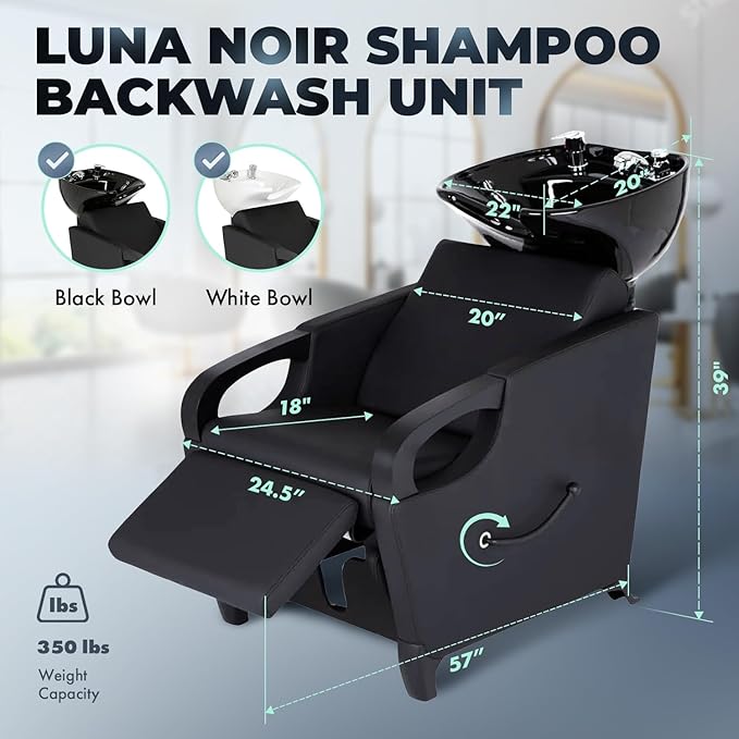 Buy-Rite Luna Noir Shampoo Backwash Unit – Black Porcelain Tilting Bowl, Lever-Activated Leg Rest, Extra Wide Padded Seat, Mid-Century Modern Style, Salon Chair & Sink Combo, YLG-583-1-BLACK