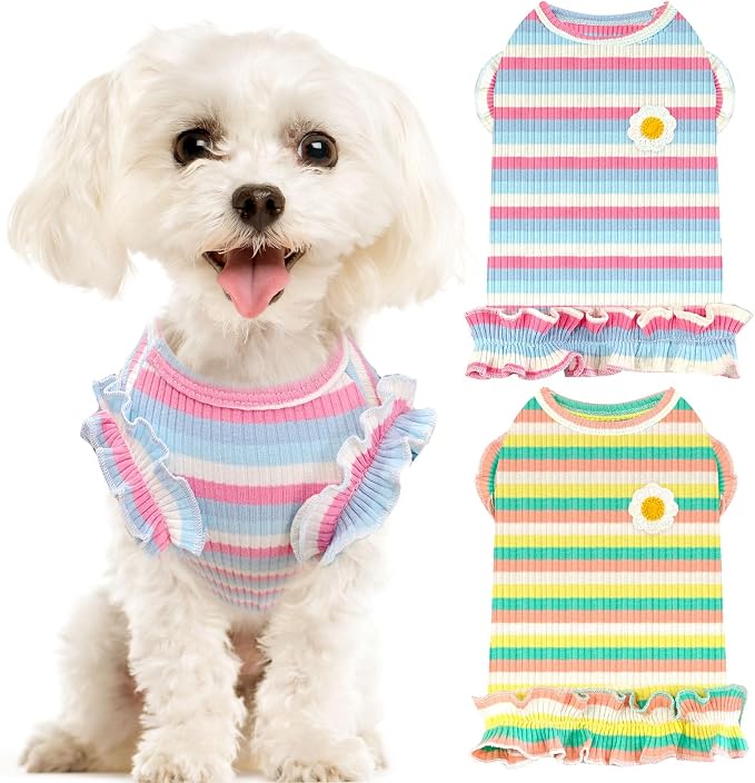 2 Pack Cute Striped Small Dog Shirts, Soft Cotton Girl Dog Clothes Breathable Ruffled Puppy Vest Spring Summer Pet Outfits for Chihuahua Yorkie Maltese and Cats（Purple+Green,Medium）