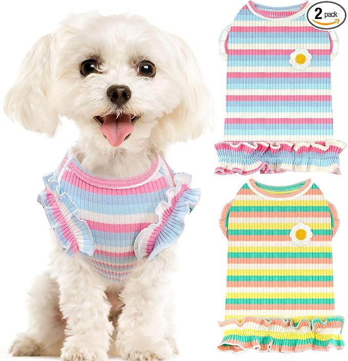 2 Pack Cute Striped Small Dog Shirts, Soft Cotton Girl Dog Clothes Breathable Ruffled Puppy Vest Spring Summer Pet Outfits for Chihuahua Yorkie Maltese and Cats（Purple+Green,X-Large）