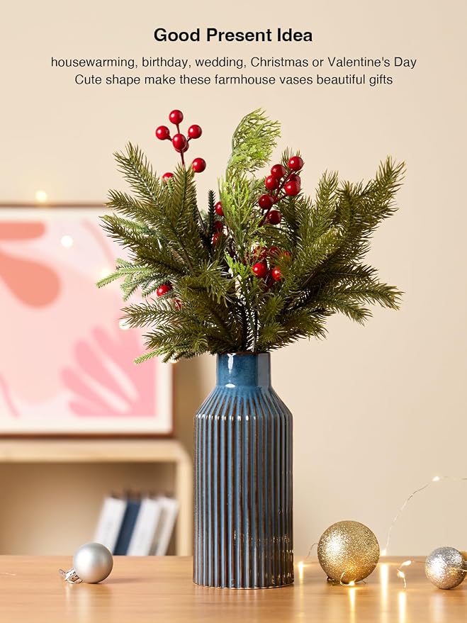 STHIE 8 Inches Ceramic Flower Vase, Blue Vases for Centerpieces | Flambé Reactive Glaze,Minimalist Modern Home Decor, Pampas Grass Vase for Table, Fireplace, Shelf, Mantel, Entryway