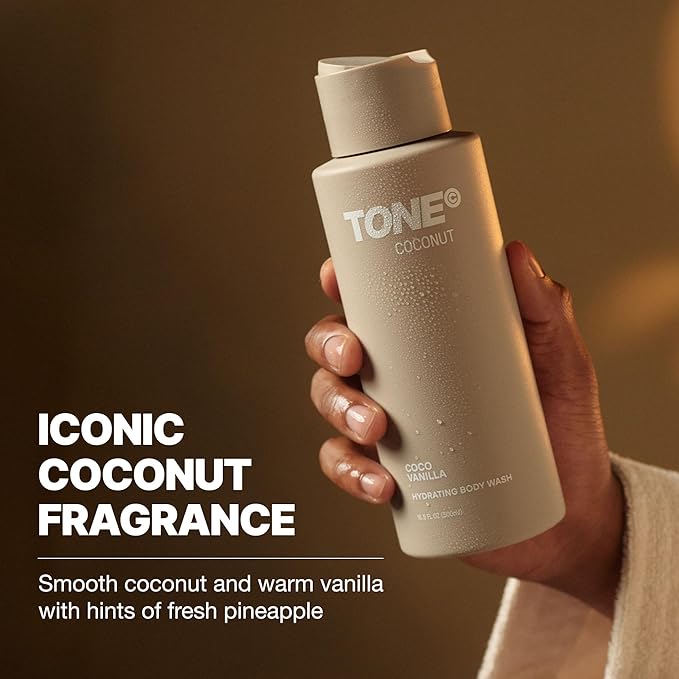 TONE Hydrating Body Wash for Men & Women, Coconut, Coconut-derived Cleansers Leaves Skin Clean, Moisturized & Refreshed, Long-lasting Iconic Scent, All Skin Types, Dermatologist-Tested, 16.9 oz