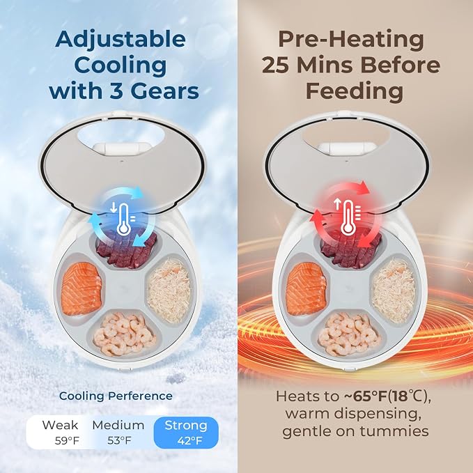Automatic Wet Food Cat Feeder, 24H Food Freshness Smart Dual‑Temp Refrigerated Cat Feeder with Semiconductor Cooling & Pre‑Heating, App‑Controlled, Easy to Clean, 4‑Day Feeding Schedule
