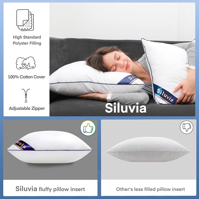 Siluvia 22"x22" Pillow Insert Set of 2 Square Throw 22 Pillows with 100% Cotton Cover for Sofa, Couch, and Bed - White | 100% Premium Polyester Fill, Fluffy & Soft with Comfy Support - White Decorative Cushion Inserts for Couch, Sofa & Bed
