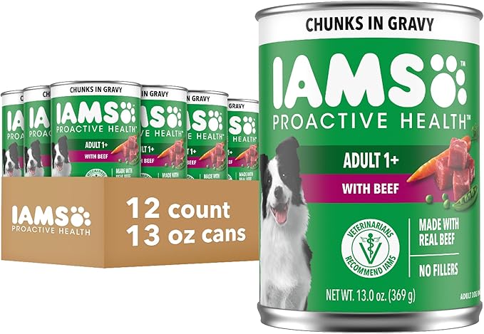 IAMS Proactive Health Chunks in Gravy Wet Dog Food, Beef, 13 oz, 12 Pack | Real beef, chunks in gravy, Omega-6 for skin & coat, no fillers or artificial flavors, 100% complete & balanced, canned food