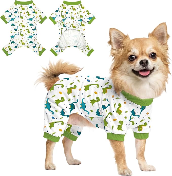 Dog Pajamas for Small Medium Dogs Pjs Green Dinosaurs Dog Onesie Breathable Puppy Pj Pet Stretchy Soft Sleepwear for Spring Summer Costume-M