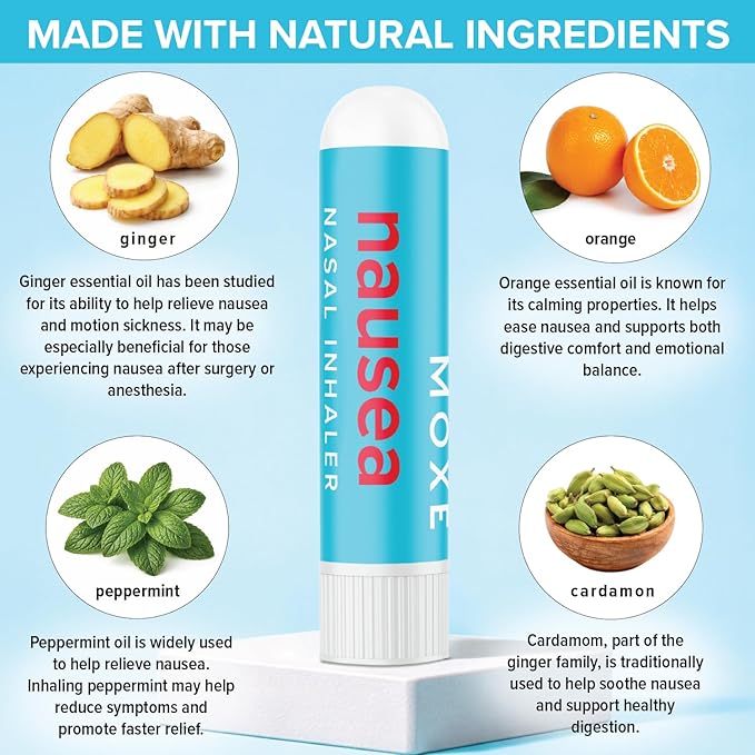 MOXE Nausea Nasal Inhaler Sticks, All Natural Essential Oil Blend, Ginger, Cardamom, Peppermint, Sweet Orange, Upset Stomach, Headaches, Easy-to-Use Portable Aromatherapy, Made in USA, 3 Pack