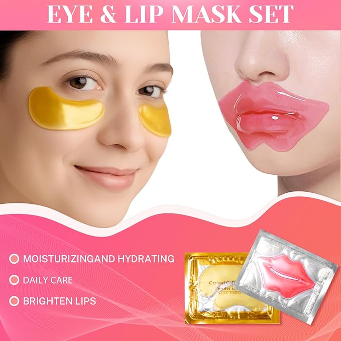 30 Pairs Lip Masks & Eye Masks, 24K Gold Crystal Gel Collagen Eye Pads, Under Eye Patches for Puffy Eyes, Dark Circles, Bachelorette Party Favors, Bridesmaid Gifts, Wrinkles and Fine Lines