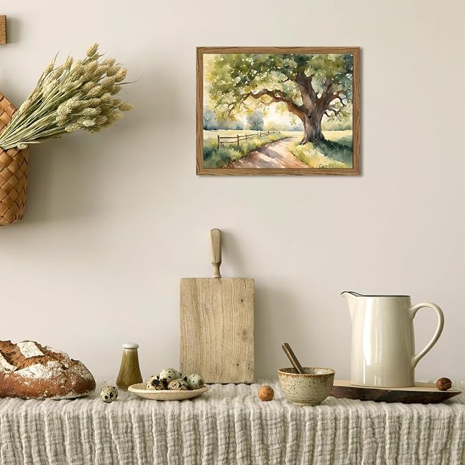 Framed Vintage Tree Landscape Wall Art, Watercolor Country Road Nature Wall Decor Paintings, Rustic Countryside Pictures Canvas Prints Aesthetic Home Decor for Living Room Bedroom Bathroom 8x10 inch