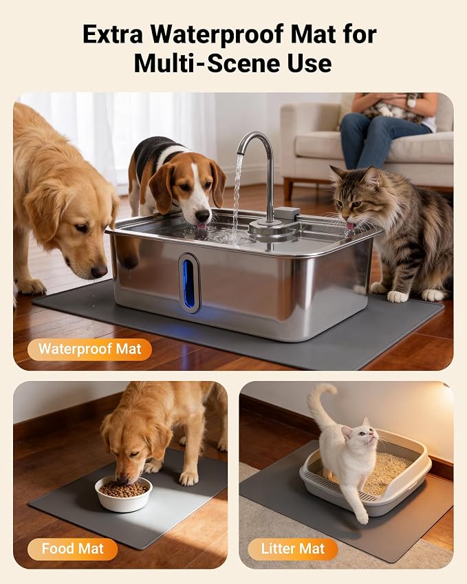 3.96Gal/15L Large Dog Water Fountain with Pet Feeding Mat and 3 Filters | Stainless Steel Pet Water Fountain for Dogs Cats, Dog Water Bowl Dispenser with Visible Window, Alert Light, Quiet Pump