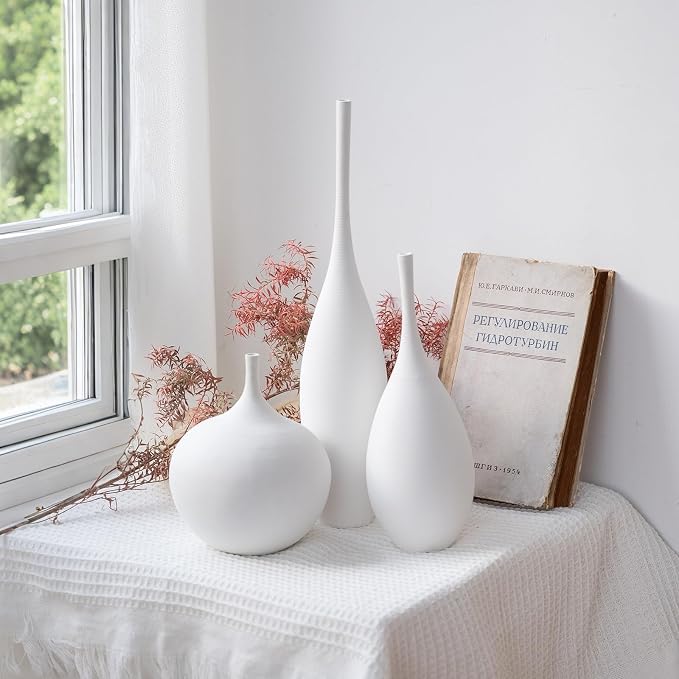 Relexome White Ceramic Vase Modern Boho Wabi-Sabi Flower Vase Set of 3 Decorative Aesthetic Vases for Centerpieces Pampas Matte Minimalist Vases for Living Room Table Shelf Home Decor Gift