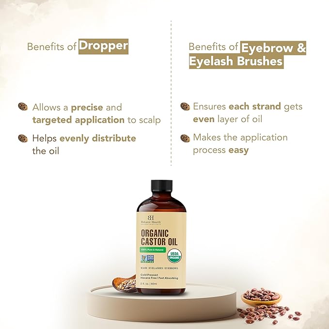 Botanic Hearth Castor Oil Organic for Hair, Lashes, Face (2oz), 100% Pure, Cold Pressed, Hexane Free Hair Oil, Lash Serum for Thicker-Looking Eyelashes & Eyebrows