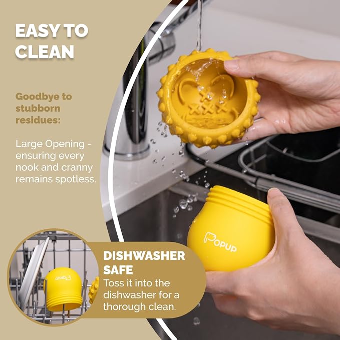 POPUPJOYS Interactive Treat Dispensing Dog Toys for Mental Stimulation & Healthy Eating | Enrichment Treat Toy with Detachable Lid for All Dog Sizes | Food-Grade Silicone, Dishwasher Safe (Yellow)