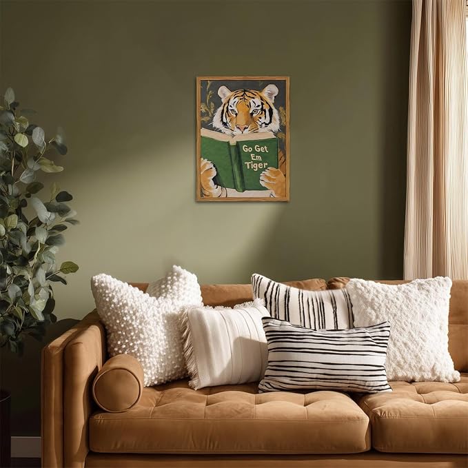 Framed Funny Tiger Wall Art, Motivational Animal Reading Wall Decor Paintings, Eclectic Go Get Em Tiger Canvas Prints Pictures Home Decor for Living Room Bedroom Dorm Office 12x16 inch