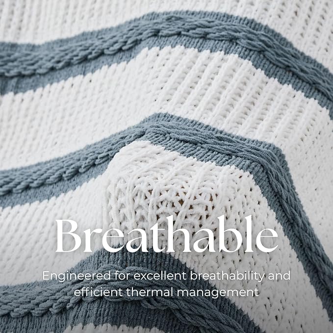 Boho Knitted Chenille Blanket with Tassels - Lightweight & Soft All-Season Throw - 3D Classic Pattern for Living Room Bedroom Couch, Celestial Blue(Striped), Throw 50"x60"