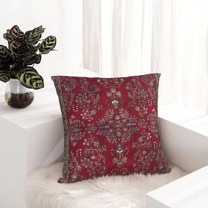 Central Red Persian Silk Rug Print Pillow Covers Decorative Square Throw Pillowcase 18x18 Inch Couch Cushion Cover for Home Decor Living Room Bedroom College Dorm Bed Car Sofa