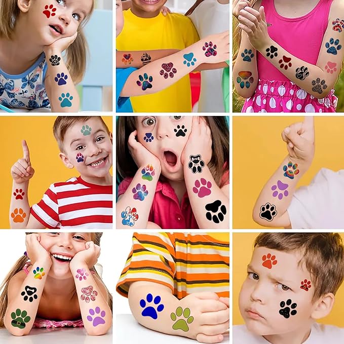 12 Sheets Dog Paw Temporary Tattoos for Kids, Paw Print Birthday Party Supplies Decorations Cute Face Body Art Fake Tattoo Stickers Paw Print Party Favors for Boys Girls Teens Party Gifts Game Reward