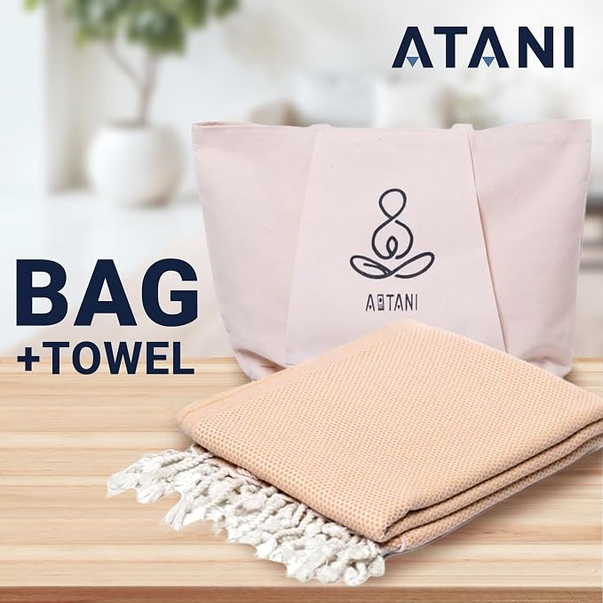 ATANI 69x35 in Oversized Turkish Beach Towel Set with Tote Bag – Quick-Dry 100% Turkish Cotton Peshtemal, Sand-Resistant, Lightweight for Shower, Travel, Pool, Yoga (Yellow)