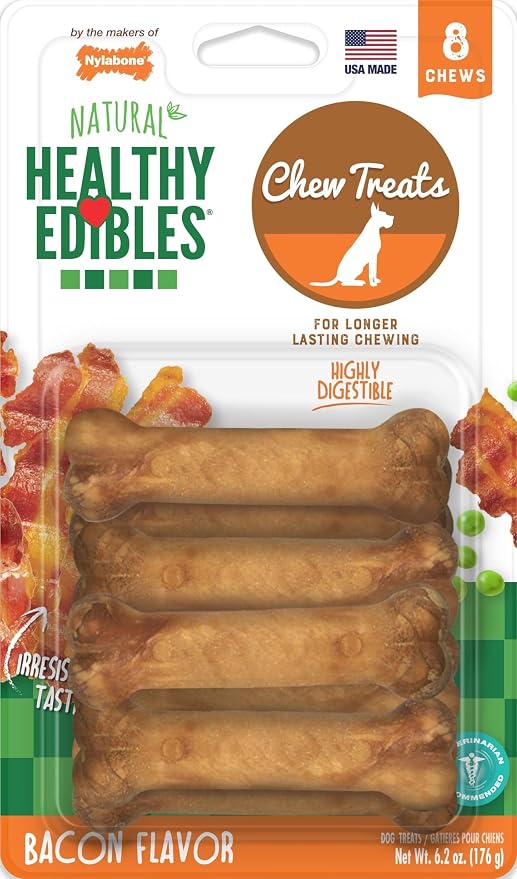 Nylabone Healthy Edibles Dog Treats, Bacon Flavor, X-Small, 8 Count | Natural dog chews, made in USA, highly digestible, vet recommended, long lasting chews for small dogs up to 15 lbs
