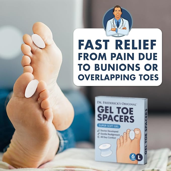 Dr. Frederick’s Original Gel Toe Separators - 6 ct - Soft Bunion Spacers for Overlapping Toes, Gentle Alignment & Foot Pain Relief - Toe Cushion Spacers for Women & Men - Washable & Reusable - Large