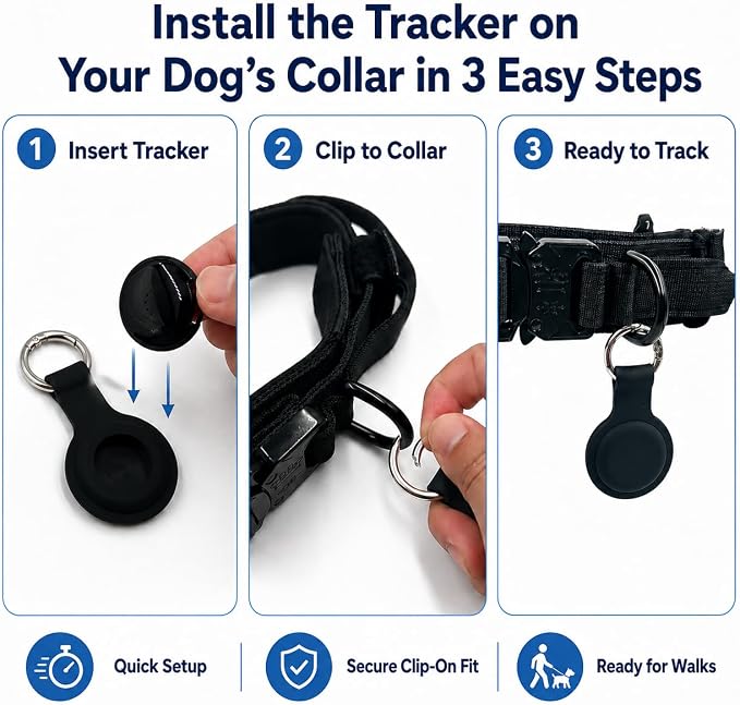 Pet GPS Tracker for Dogs, Compatible with Apple Find My(iOS Only), No Monthly Fee, IP67 Waterproof Anti-Lost Locator, 12-Month Battery, Includes Silicone Collar Holder & Tactical Dog Collar