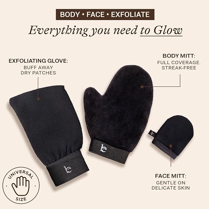 Self Tanning Mitt Applicator Set – 3-in-1 Velvet Mitts, Exfoliating Glove & Face Body Tanner Mitts for Streak-Free Tan, Reusable Self Tanner Mitt Kit for Lotion, Mousse & Spray