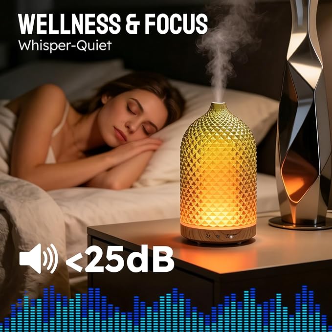 Essential Oil Diffuser, 3D Diamond Glass Aromatherapy Diffuser with Ultrasonic Cool Mist, 7 Color LED Lights, 1/2/4H Timer, Quiet Auto Shut-Off Oil Diffuser for Bedroom, Home, Office (Yellow)